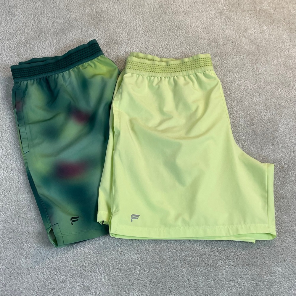 Fabletics Mens Fundamental Performance Shorts Lot of 2 Green Yellow L Unlined